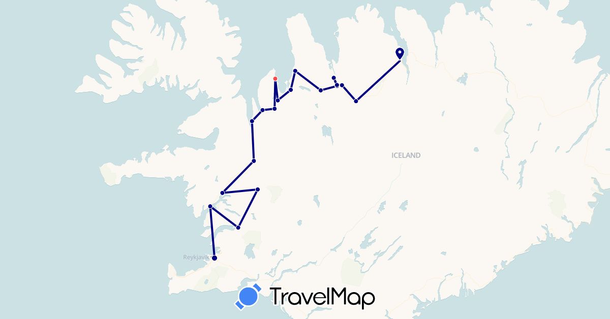 TravelMap itinerary: driving, hiking in Iceland (Europe)